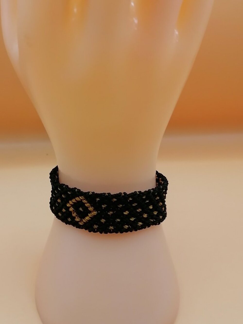 Black Macrame Bracelet with Golden Geometric Designs, Hand-Woven Bracelet